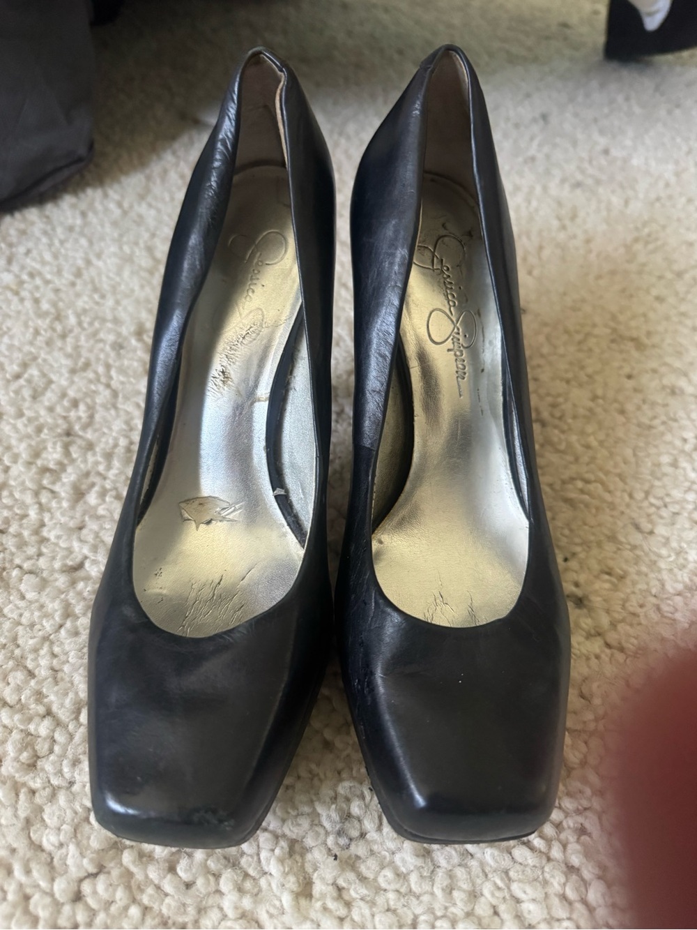 Jessica Simpson Black Leather Square-Toe Pumps Y2k